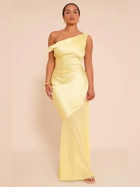 NWT PLT Shape Pale Yellow Satin off the Shoulder Sheer Hem Maxi Dress